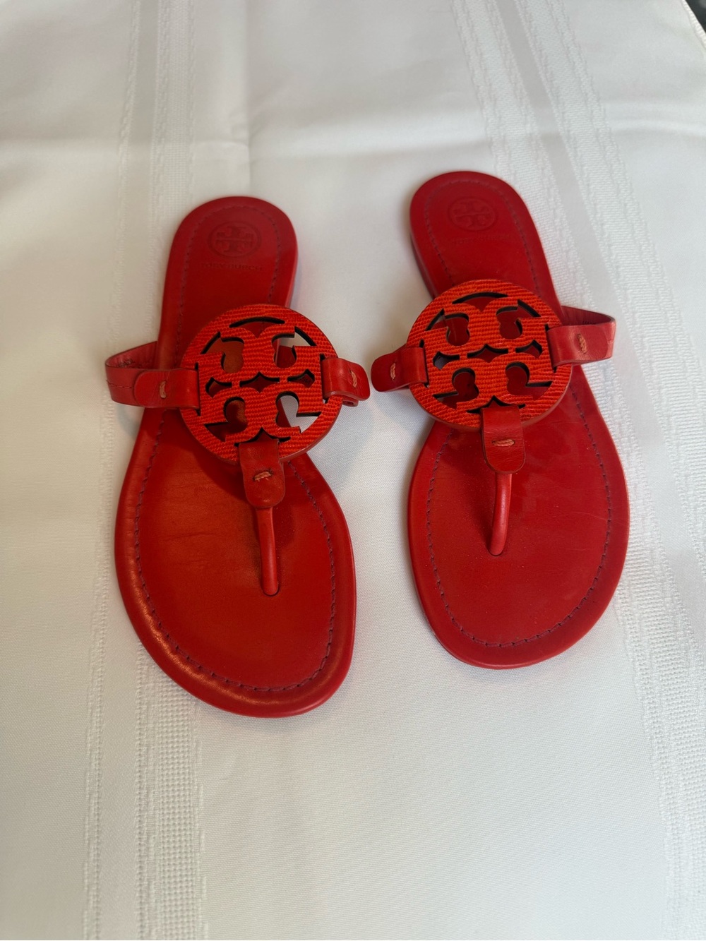 Tory Burch Red Leather Logo Thong Sandals